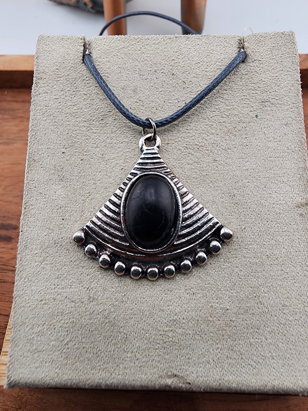 Silver-Tone Fan Pendant Necklace with Black Stone - Women's Jewelry